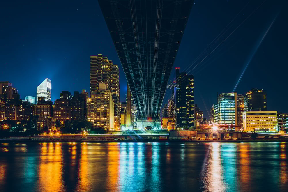 The Manhattan Skyline seen from under the Queensboro Bridge on Roosevelt Island, New York.